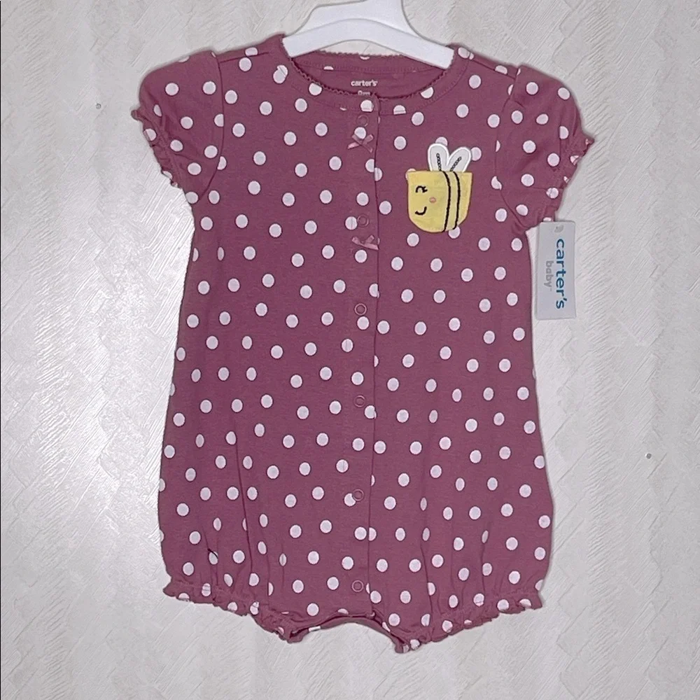 ❤️ CARTERS BABY Purple Romper with White Dots and Bee Patch Onsie 9 Months